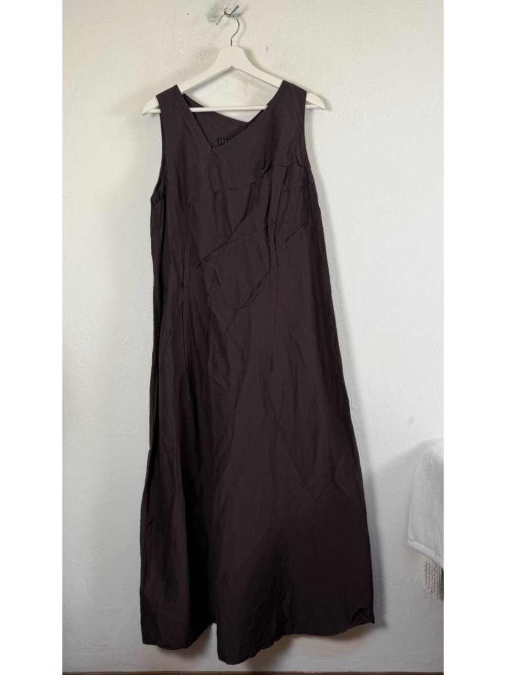 Ischiko Brown Sleeveless Maxi Dress Asymmetric Seam Detail Minimalist A-Line